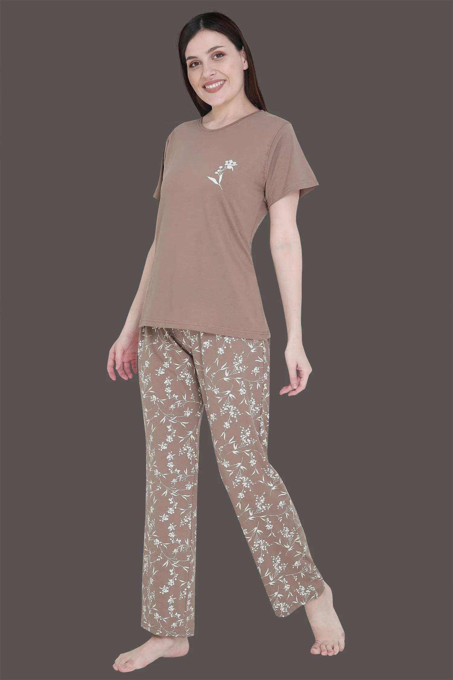 Velure Cute Floral Print Pajama Set - Velure - - Cotton Lycra Fabric, Floral Print, Full Length Pant, Half Sleeves, Round neck nightsuit