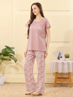 Velure Captivating Floral Print Pajama Set - Velure - - Cotton Lycra Fabric, Full Length Pant, Half Sleeves, Round neck nightsuit