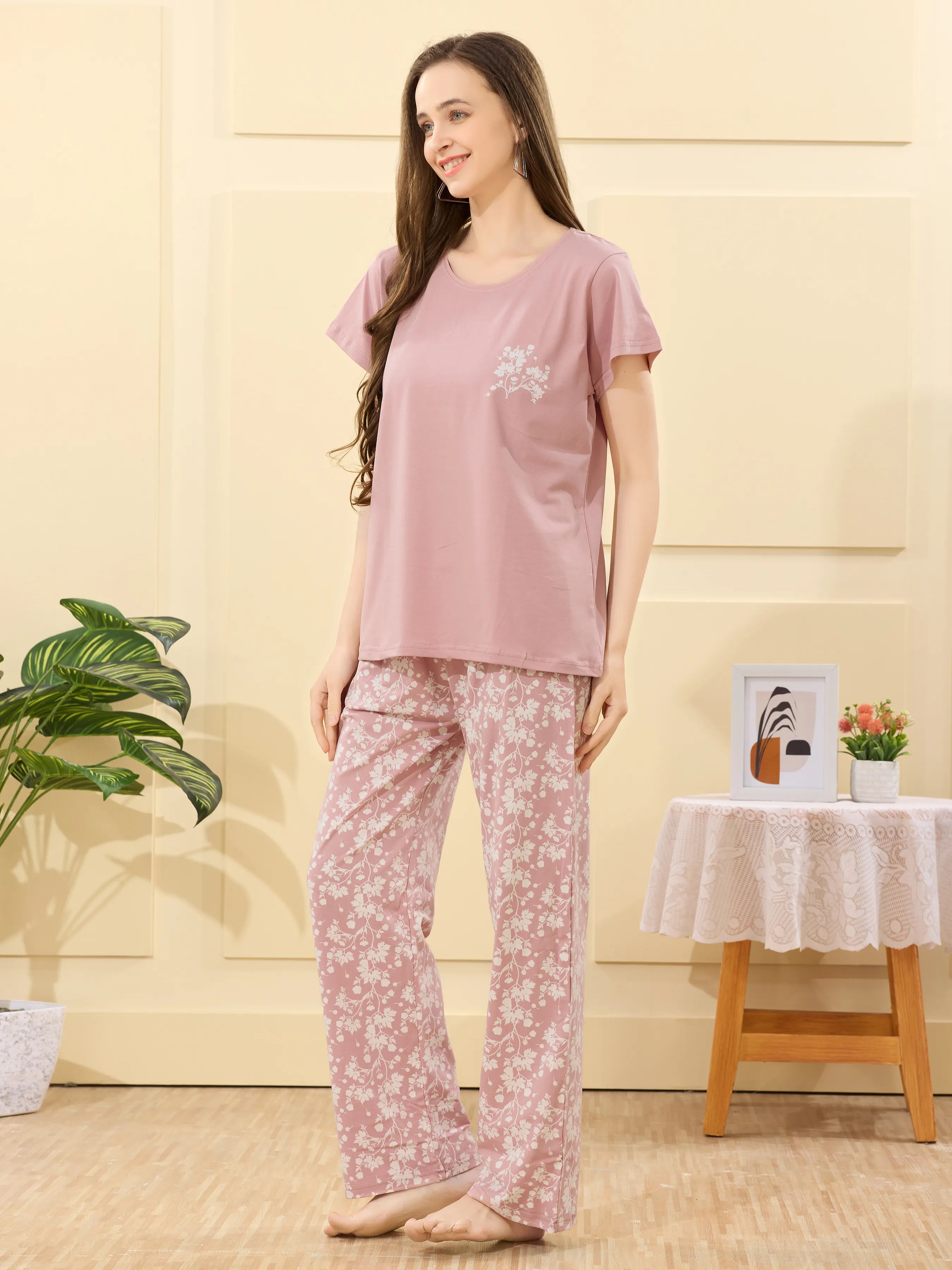 Velure Captivating Floral Print Pajama Set - Velure - - Cotton Lycra Fabric, Full Length Pant, Half Sleeves, Round neck nightsuit