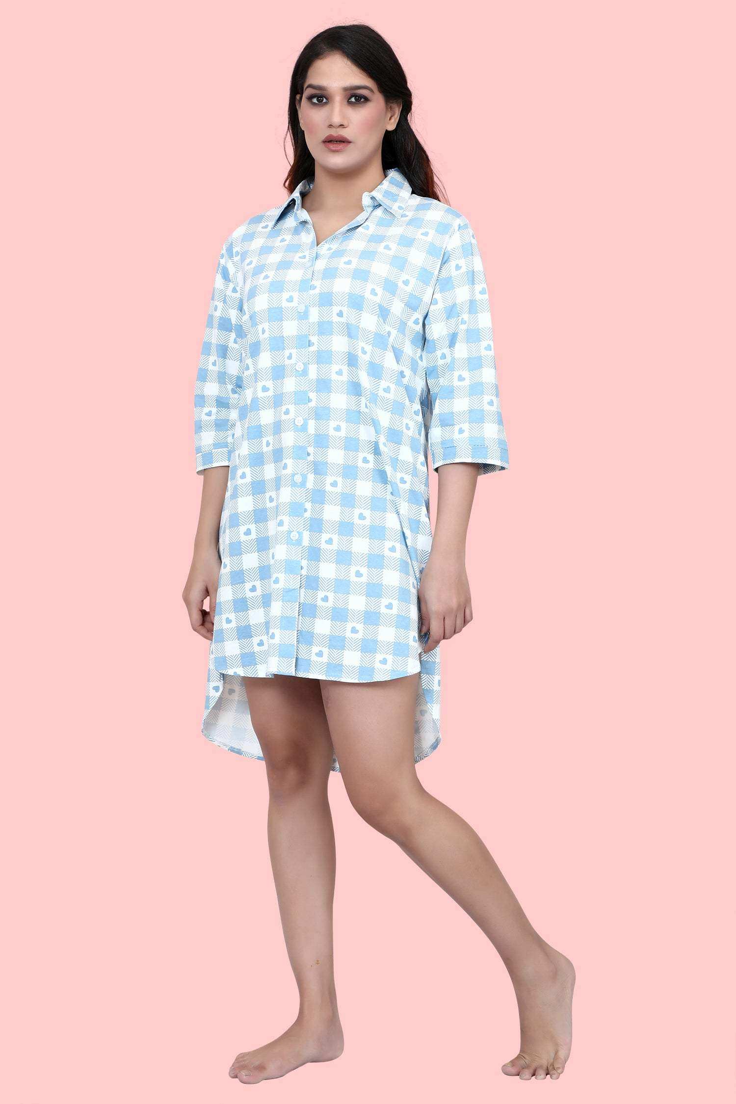Velure Blue Checked Heart Print Short Night Shirt - Velure - - 3/4 Sleeves, Collar Neck, Cotton, Front Button Open, Knee Length