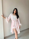 Velure Satin 3 Piece Baby Pink Robe Set - Velure - - Fur, Robe, Satin, Shorts, Spaghetti