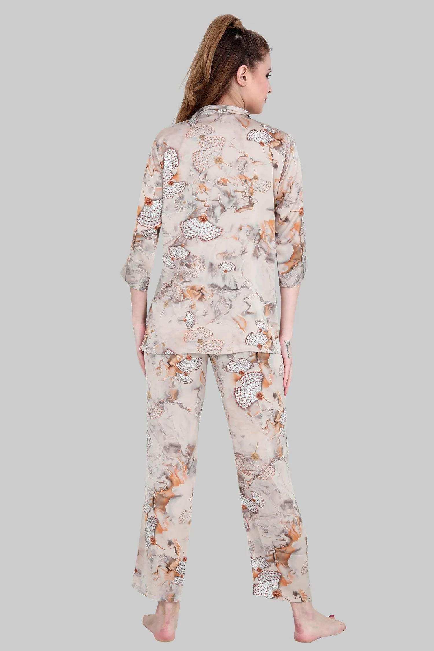 Velure Glorious Floral Print Satin Night Suit - Velure - - 3/4 Sleeves, Collar Neck, Floral Print, Front Button Open, Full Length Pant, Satin