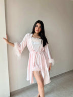Velure Playful Soft Pink Robe (Only Robe) - Velure - - 3/4 Length, Center Drawstring, Robe, Satin