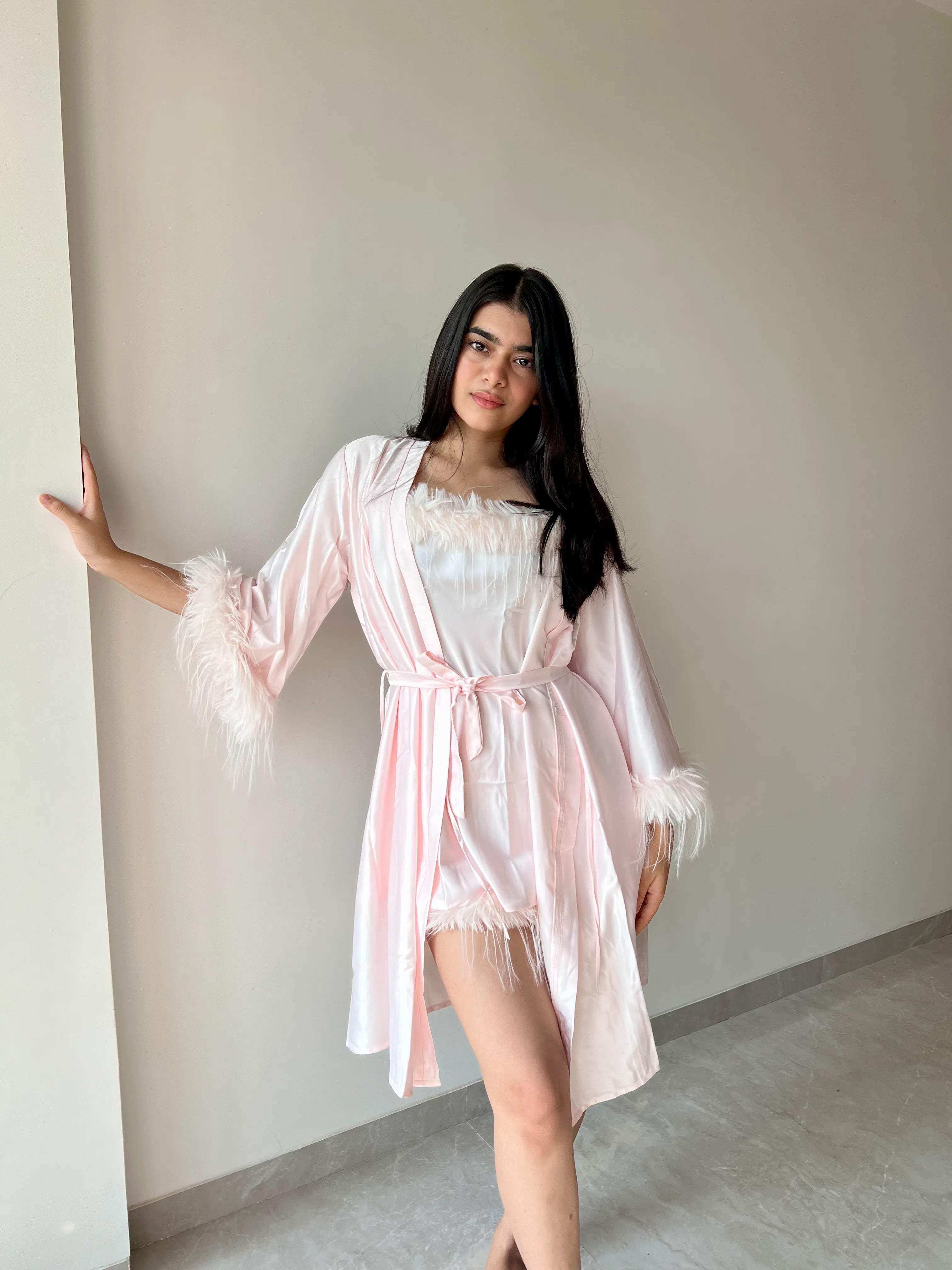 Velure Playful Soft Pink Robe (Only Robe) - Velure - - 3/4 Length, Center Drawstring, Robe, Satin