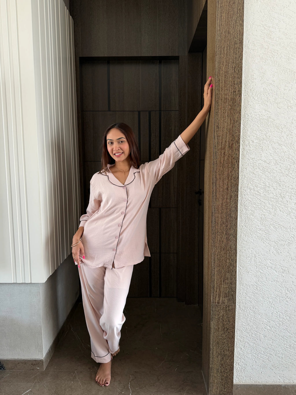 Velure Pink Cotton Breeze
 Night Suit - Velure - - 3/4 Sleeves, Collar Neck, Cotton, Detail-scallop, Front Button Open, Full Length Pant