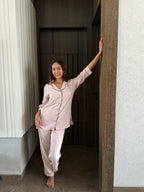 Velure Pink Cotton Breeze
 Night Suit - Velure - - 3/4 Sleeves, Collar Neck, Cotton, Detail-scallop, Front Button Open, Full Length Pant