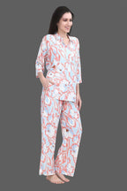 Velure Fusion Abstract Palazzo Co-ord Set - Velure - - 3/4 Sleeves, Collar Neck, Front Button Open, Full Length Pant, Linen