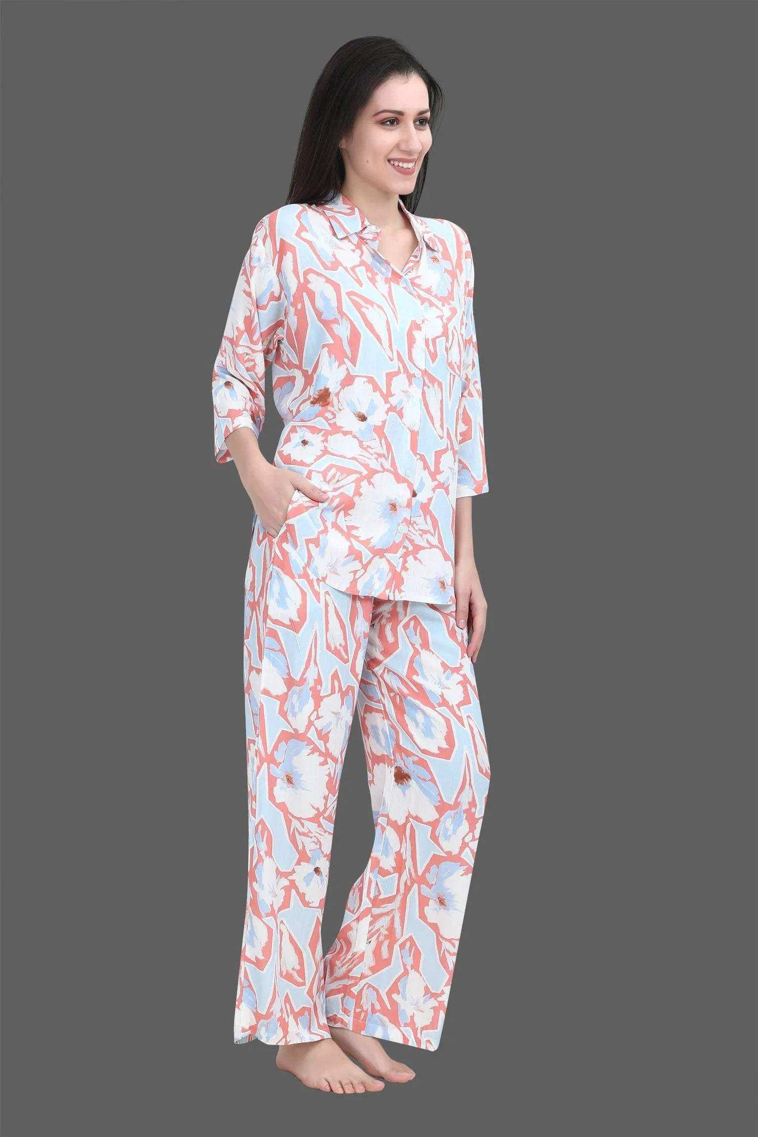 Velure Fusion Abstract Palazzo Co-ord Set - Velure - - 3/4 Sleeves, Collar Neck, Front Button Open, Full Length Pant, Linen
