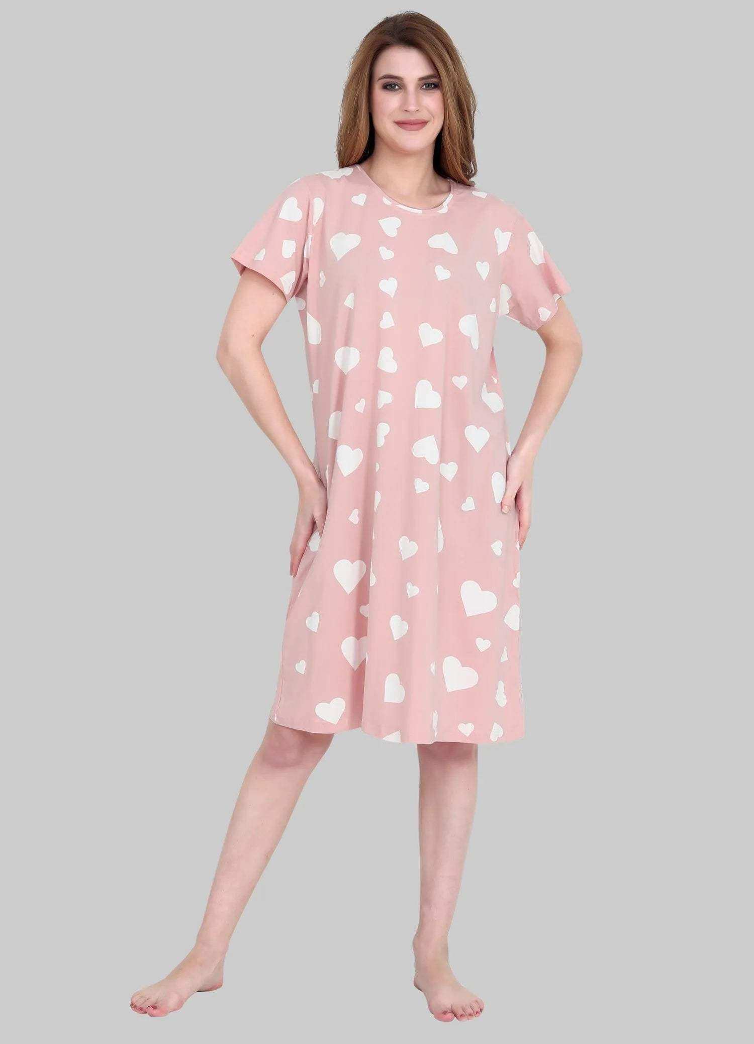 Velure All-Over Heart Print Short Nighty - Velure - - Cotton, Half Sleeves, Knee Length, Printed, Round neck
