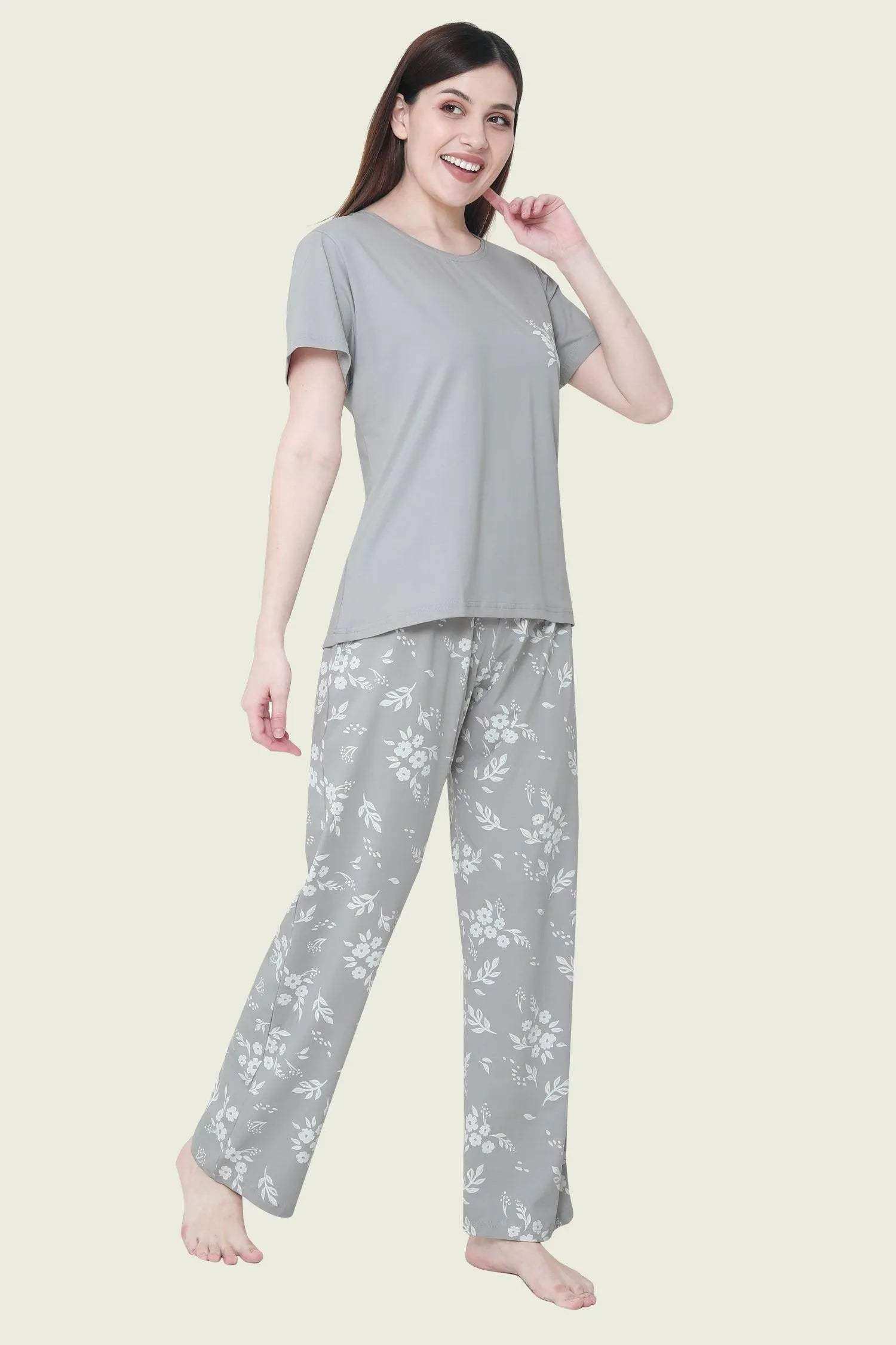Velure Trendy Floral Print Pajama Set - Velure - - Cotton Lycra Fabric, Floral Print, Full Length Pant, Half Sleeves, Round neck nightsuit