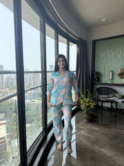 Velure Paisley Cotton Night Suit - Velure - - 3/4 Sleeves, Collar Neck, Cotton, Floral Print, Front Button Open, Full Length Pant
