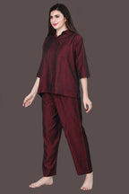 Velure Solid Maroon Casual Co-ord Set - Velure - - 3/4 Sleeves, Collar Neck, Cotton, Front Button Open, Full Length Pant
