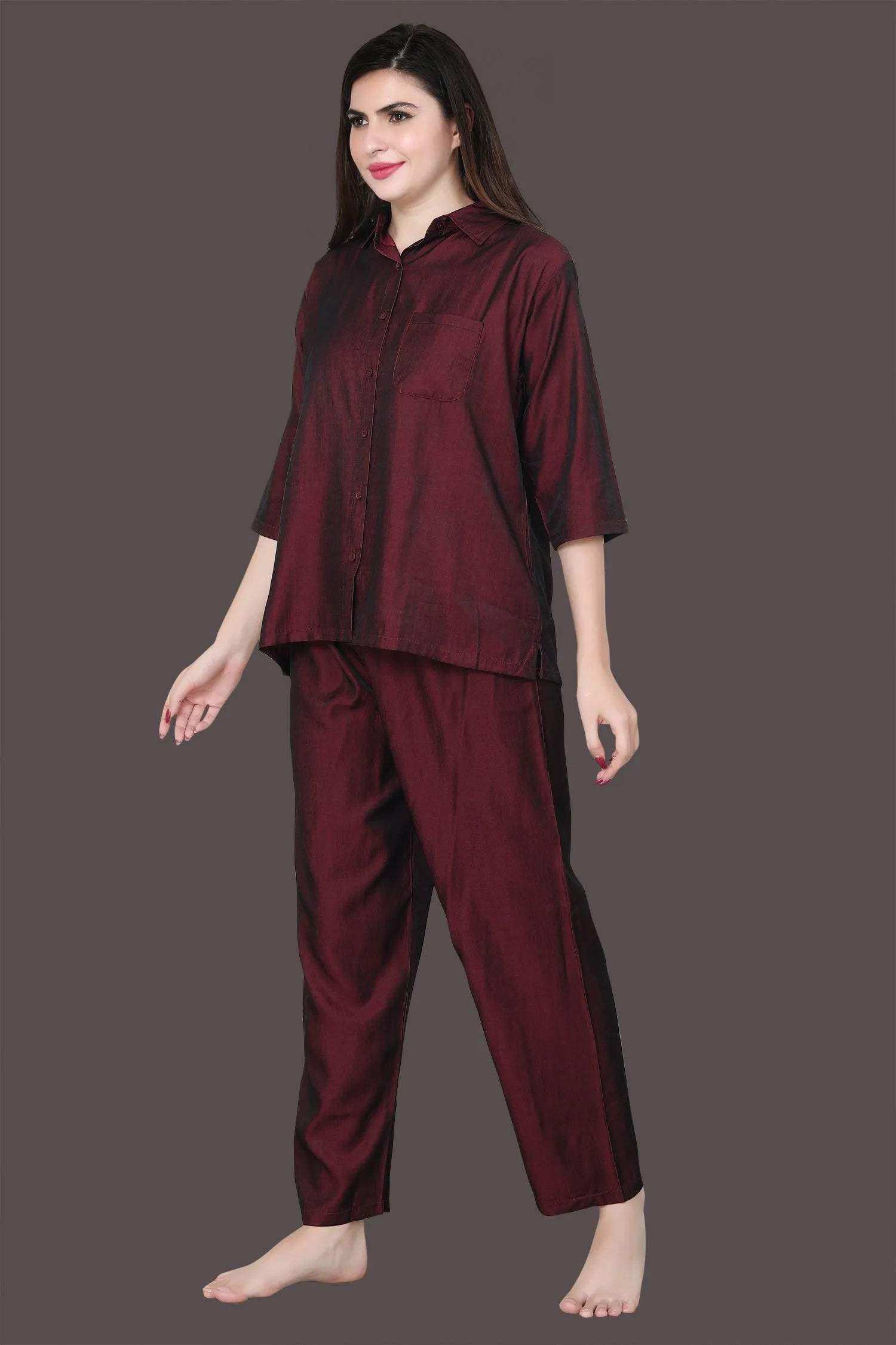 Velure Solid Maroon Casual Co-ord Set - Velure - - 3/4 Sleeves, Collar Neck, Cotton, Front Button Open, Full Length Pant