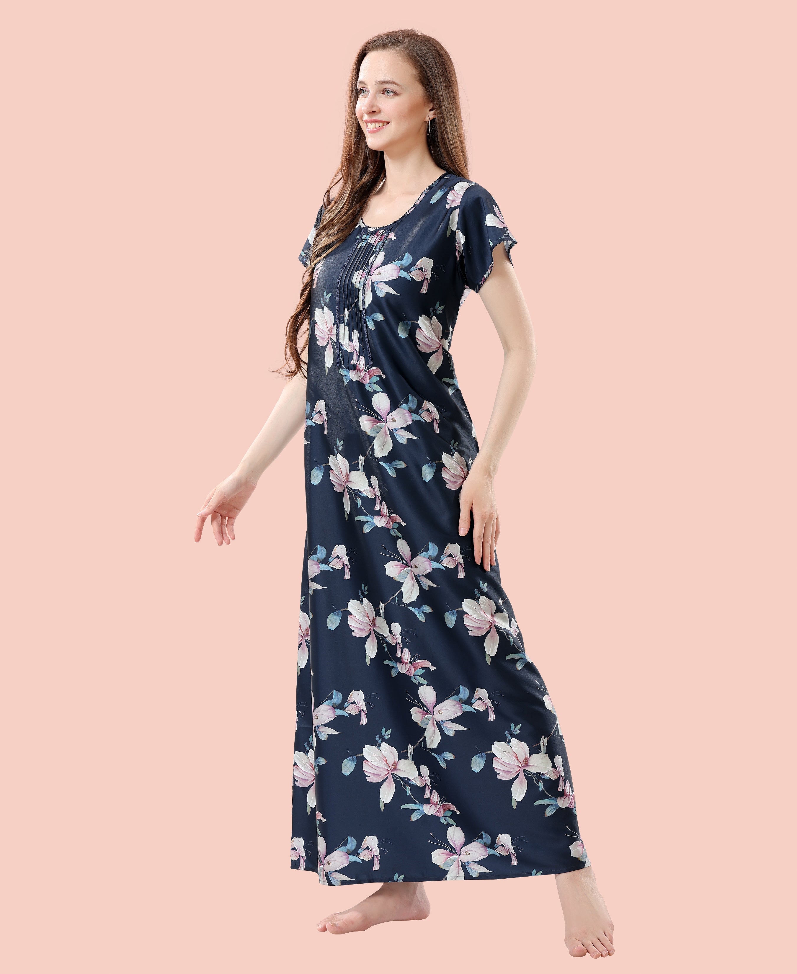 Velure Adorable Floral Print Satin Nighty - Velure - - Floral Print, Full Length Nighty, Half Sleeves Nighty