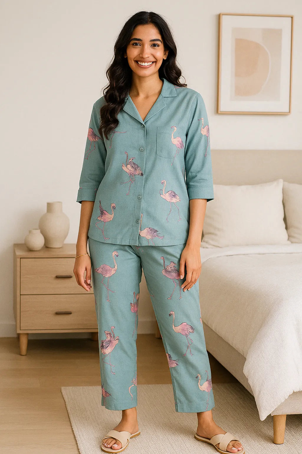 Velure Timeless Flamingo Print Cotton Night Suit