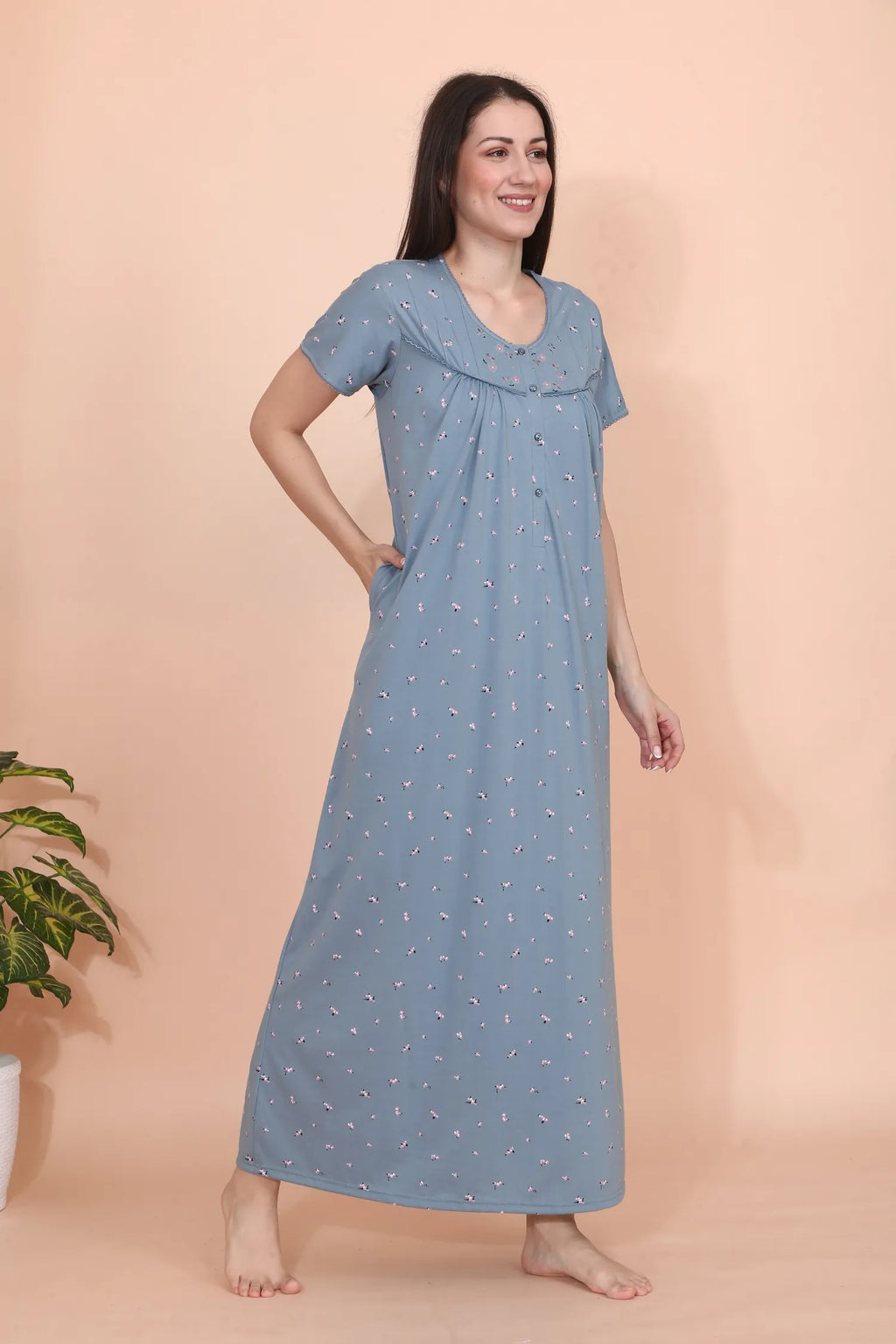 Velure Blue Floral Print Hosiery Nighty