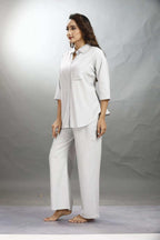 Velure Classic Grey Palazzo Co-ord Set - Velure - - 3/4 Sleeves, Collar Neck, Front Button Open, Full Length Pant