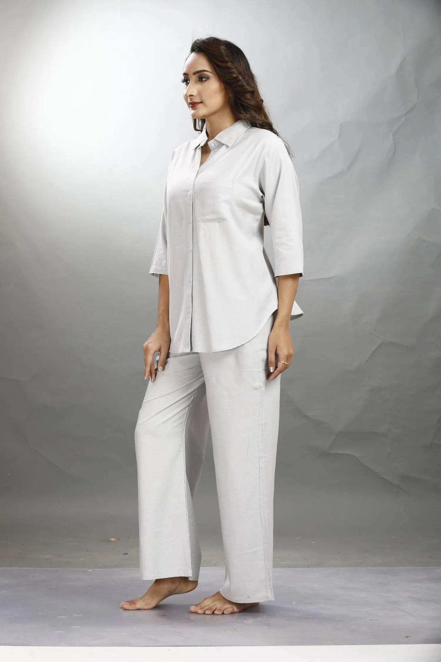 Velure Classic Grey Palazzo Co-ord Set - Velure - - 3/4 Sleeves, Collar Neck, Front Button Open, Full Length Pant