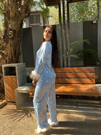 Velure Cute Blue Heart Printed Satin Fur Night Suit - Velure - - Detail-printedfur, Front Button Open, Full Length Pant, Fur, Satin