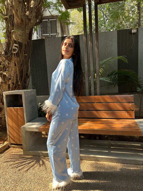 Velure Cute Blue Heart Printed Satin Fur Night Suit - Velure - - Front Button Open, Full Length Pant, Fur, Satin