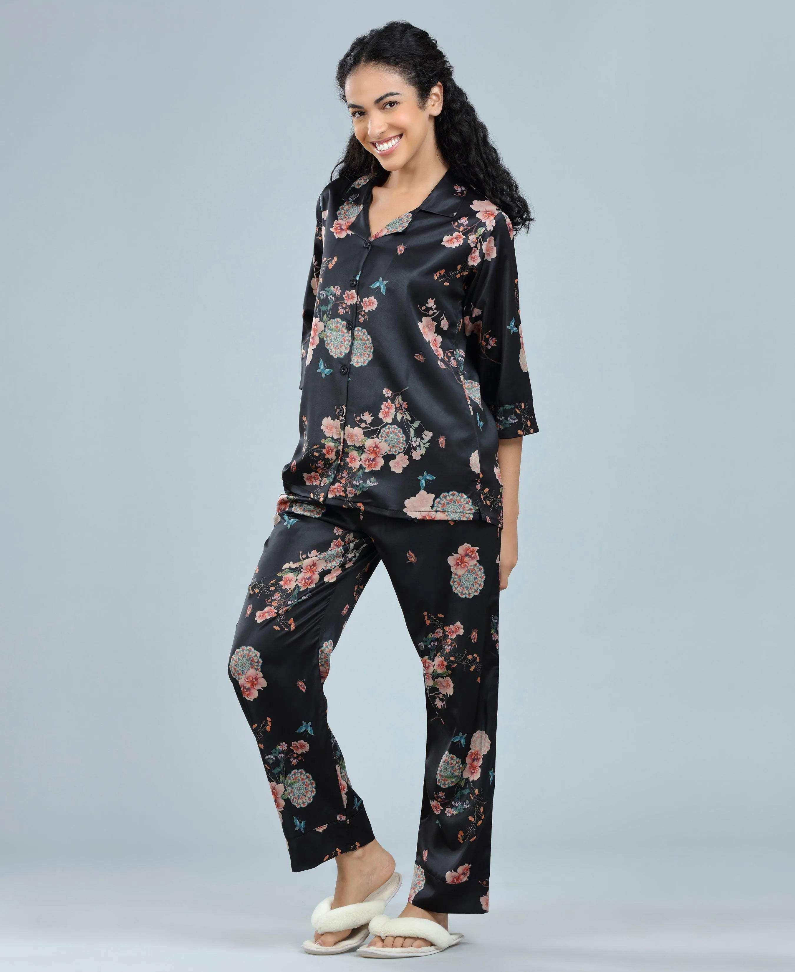 Velure Black Floral Satin Print Night Suit - Velure - - 3/4 Sleeves, Collar Neck, Floral Print, Front Button Open, Full Length Pant, Satin