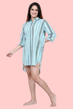 Velure Ethnic Stripes Short Night Shirt - Velure - - Collar Neck, Cotton, Front Button Open, Knee Length, Stripes