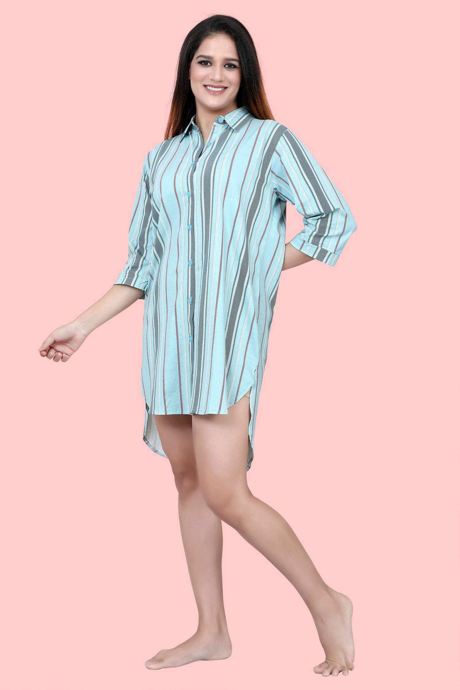 Velure Ethnic Stripes Short Night Shirt - Velure - - Collar Neck, Cotton, Front Button Open, Knee Length, Stripes