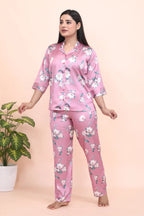 Velure Pink Blush Floral Print Night Suit - Velure - - 3/4 Sleeves, Collar Neck, Front Button Open, Full Length Pant, Satin