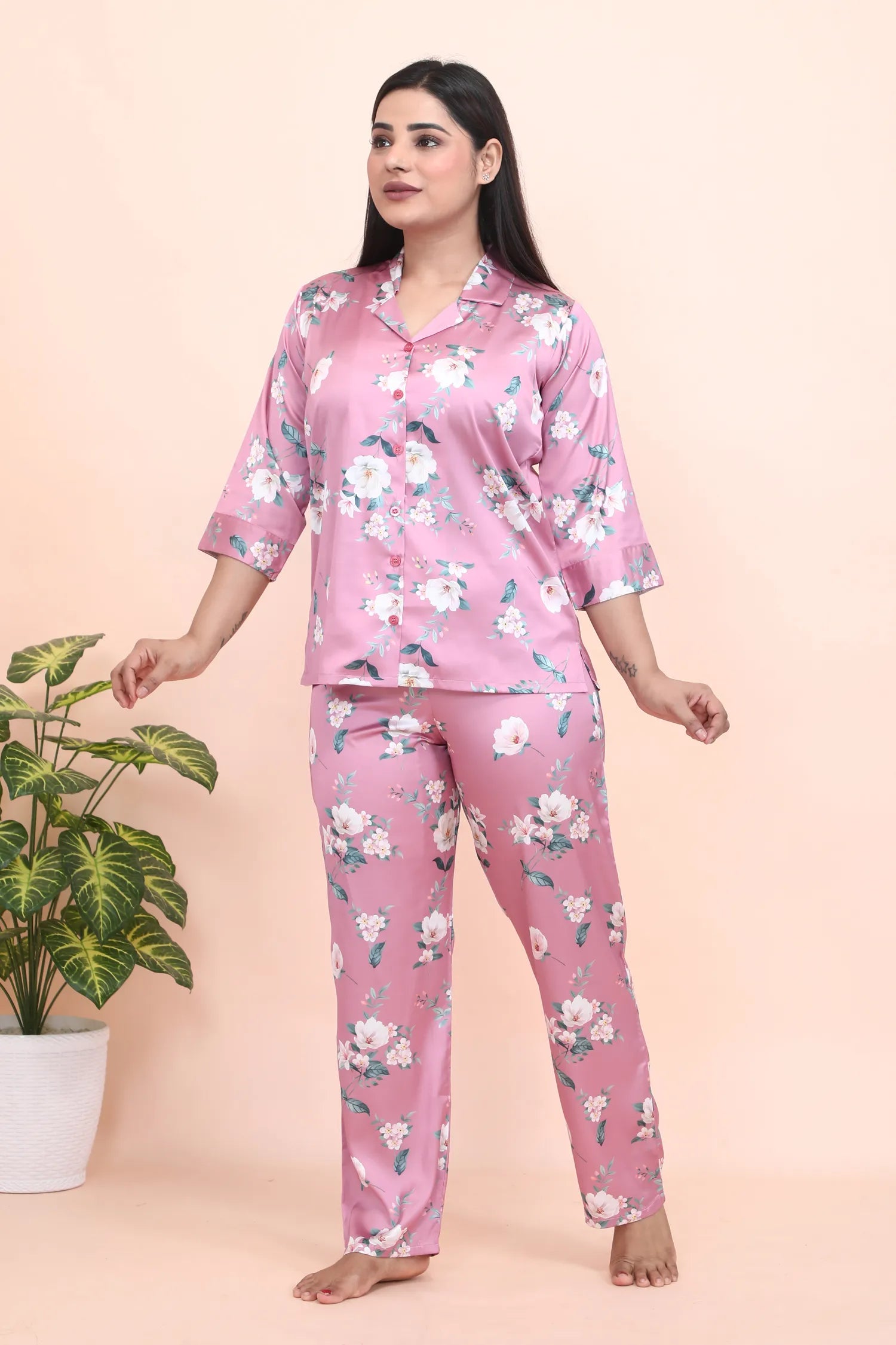 Velure Pink Blush Floral Print Night Suit - Velure - - 3/4 Sleeves, Collar Neck, Front Button Open, Full Length Pant, Satin