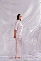 Velure Leopard Print Satin Night Suit - Velure - - 3/4 Sleeves, Collar Neck, Front Button Open, Full Length Pant, Satin