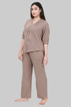Velure Ethnic Brown Co-ord Set - Velure - - 3/4 Sleeves, Cotton, Full Length Pant, V Neck