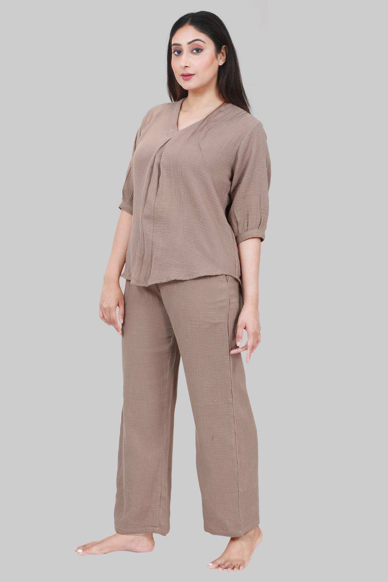 Velure Ethnic Brown Co-ord Set - Velure - - 3/4 Sleeves, Cotton, Full Length Pant, V Neck