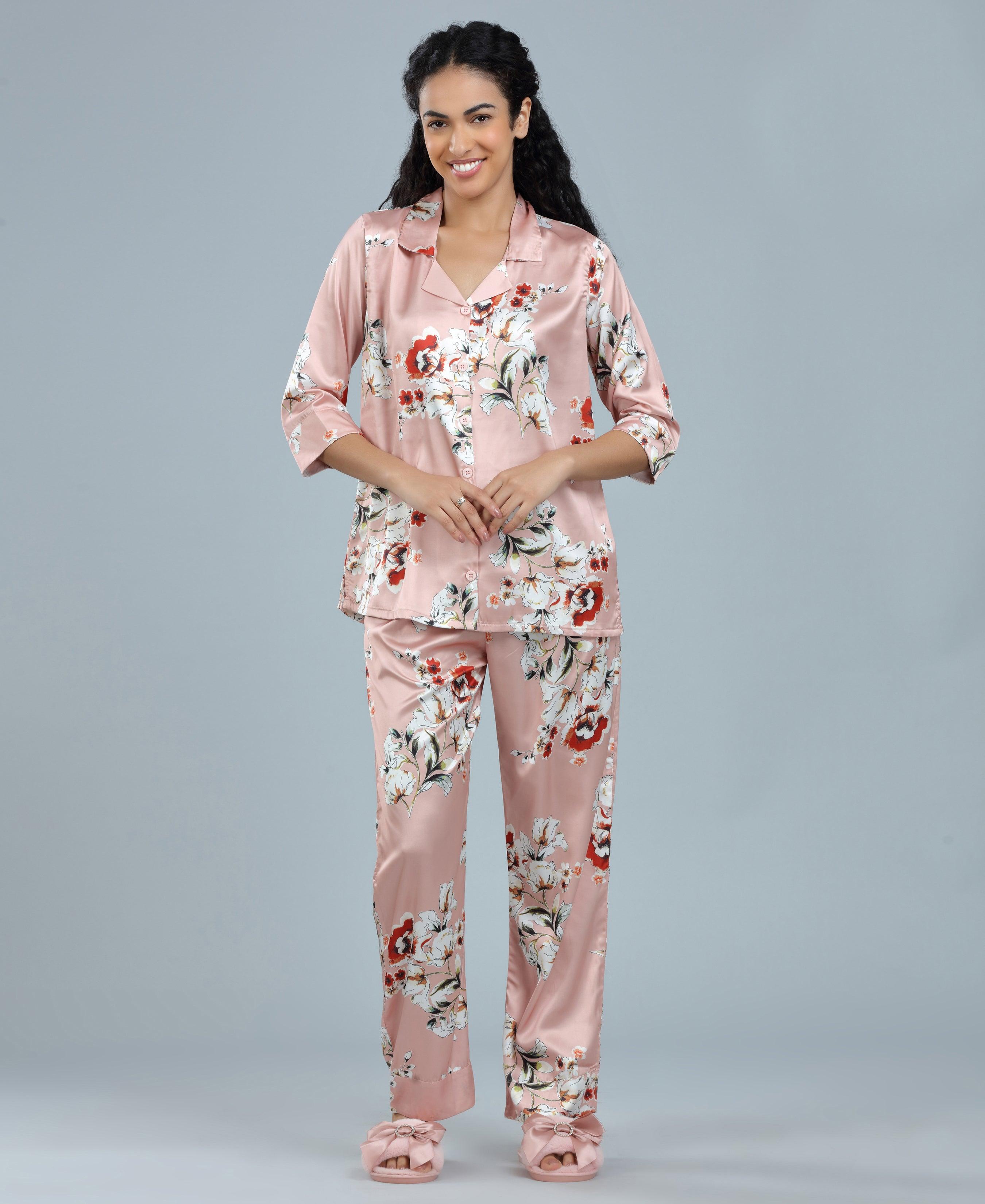 Velure Trendy Fashion Floral Print Night Suit - Velure - - 3/4 Sleeves, Collar Neck, Floral Print, Front Button Open, Full Length Pant, Satin