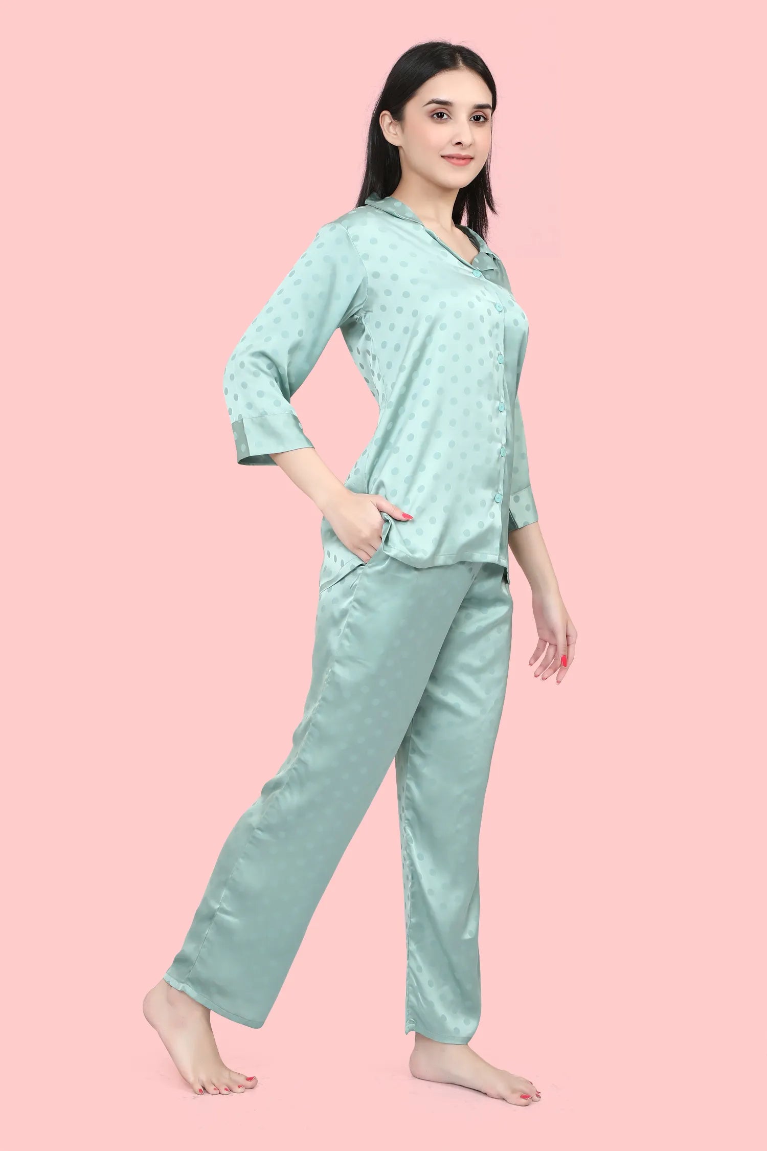 Velure Polka Dot Satin Night Suit - Velure, , Enhance your sleepwear options with the Velure Polka Dot Satin Night Suit. This night suit is crafted from luxurious satin fabric, offering a soothing and cozy sensation against your skin. The dotted design adds a charming element. It perfectly combines fashion and comfort, making it a must-have for your sleepwear collection.