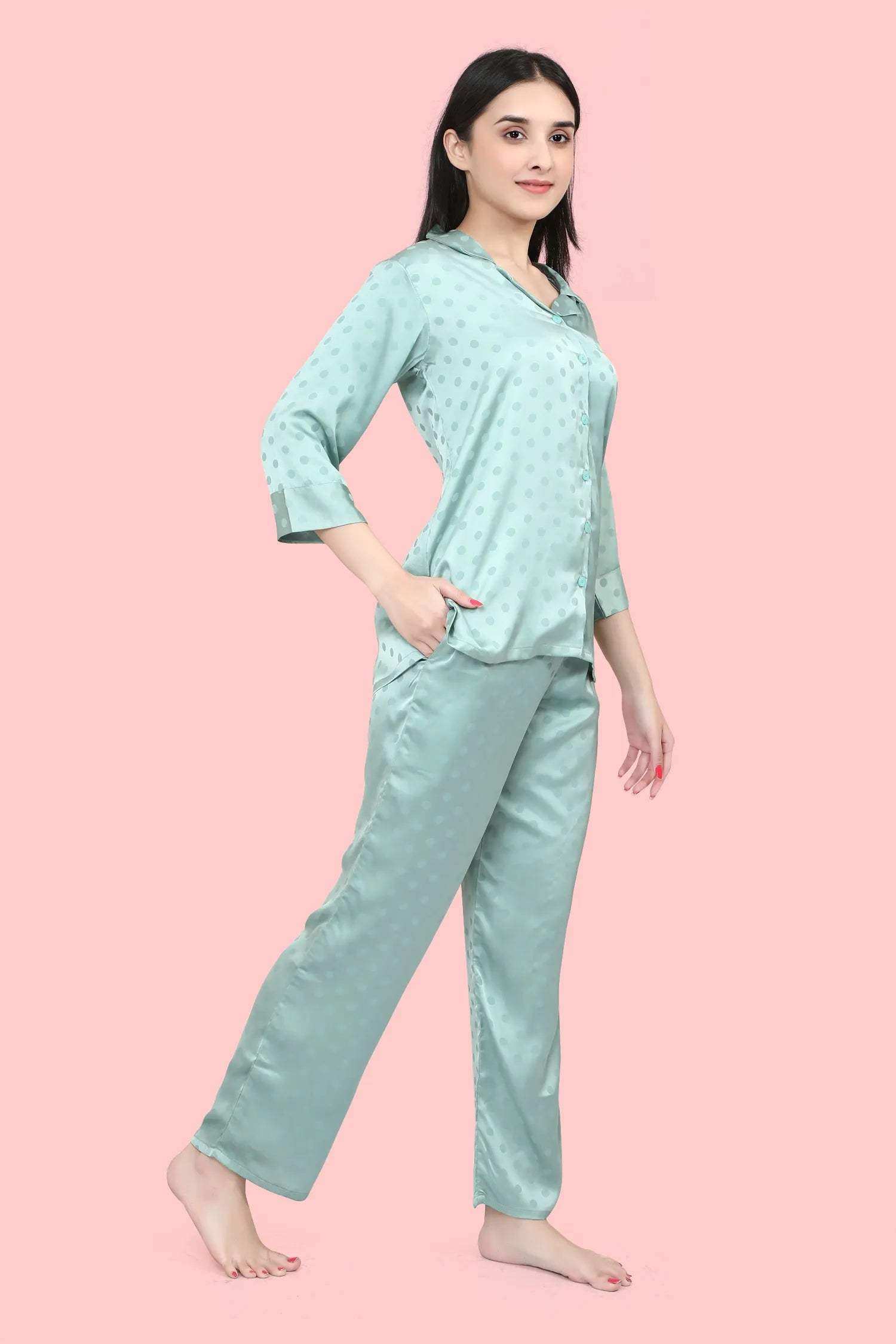 Velure Polka Dot Satin Night Suit - Velure - - 3/4 Sleeves, Collar Neck, Front Button Open, Full Length Pant, Polka Dot, Satin