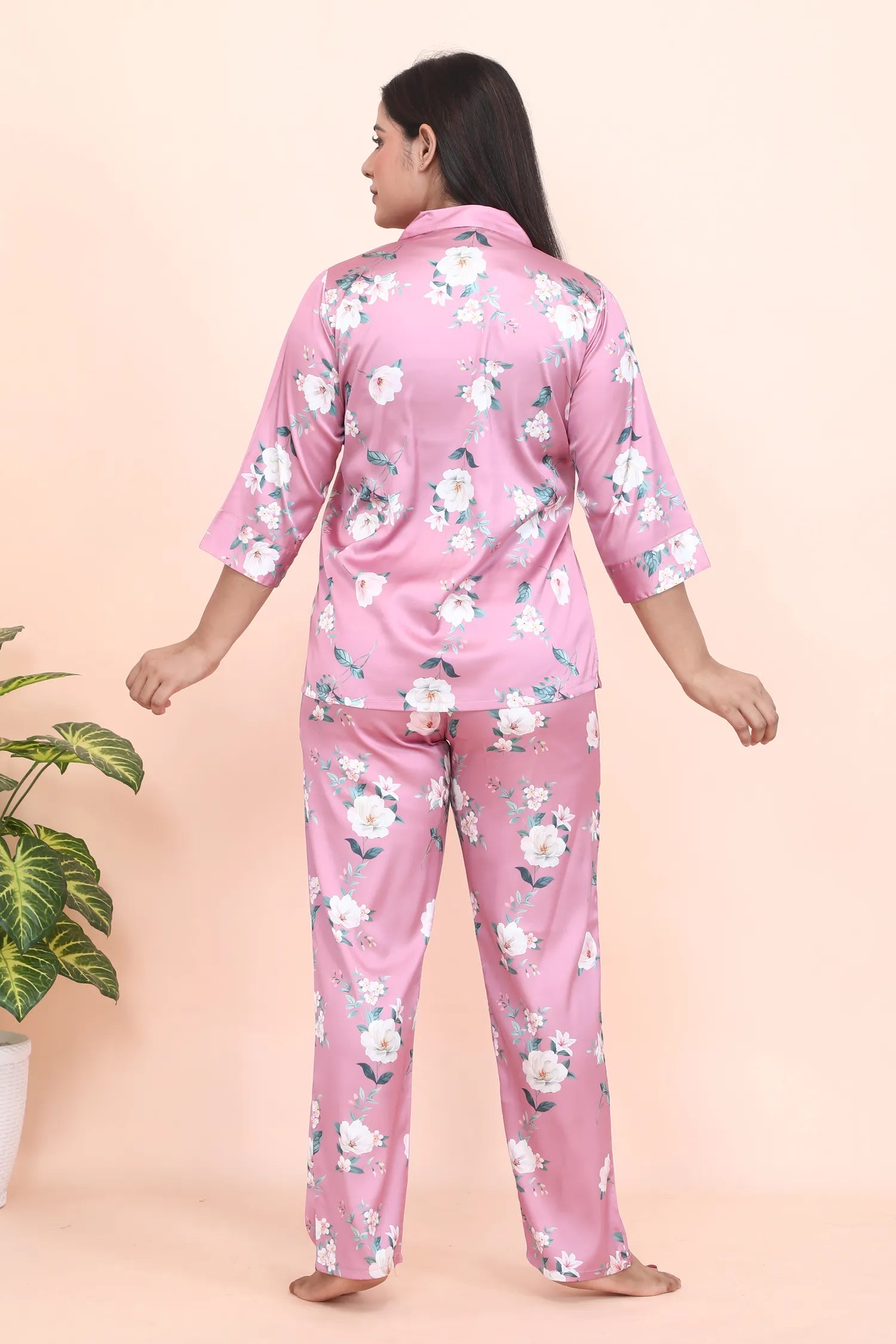 Velure Pink Blush Floral Print Night Suit - Velure - - 3/4 Sleeves, Collar Neck, Front Button Open, Full Length Pant, Satin