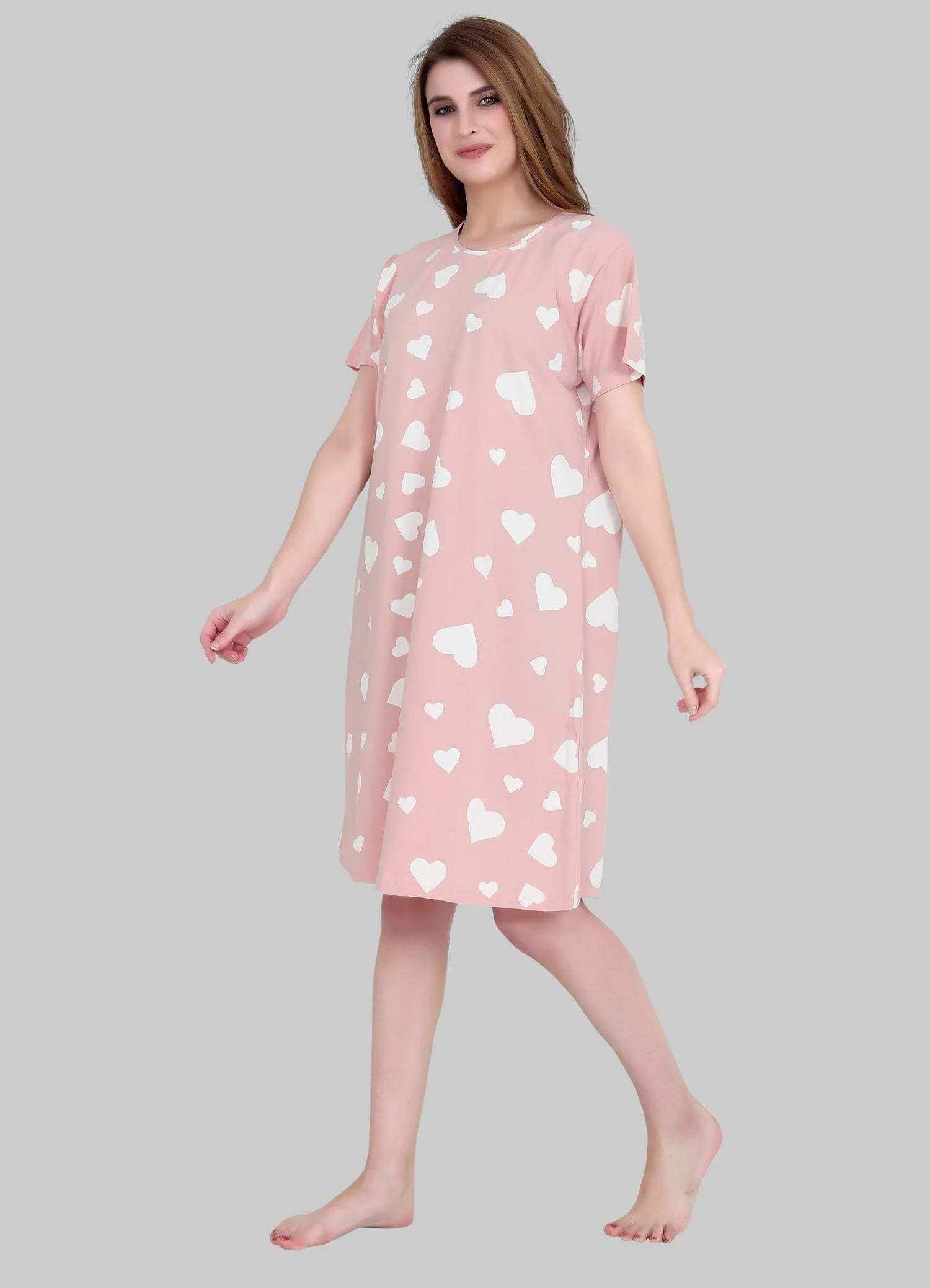 Velure All-Over Heart Print Short Nighty - Velure - - Cotton, Half Sleeves, Knee Length, Printed, Round neck