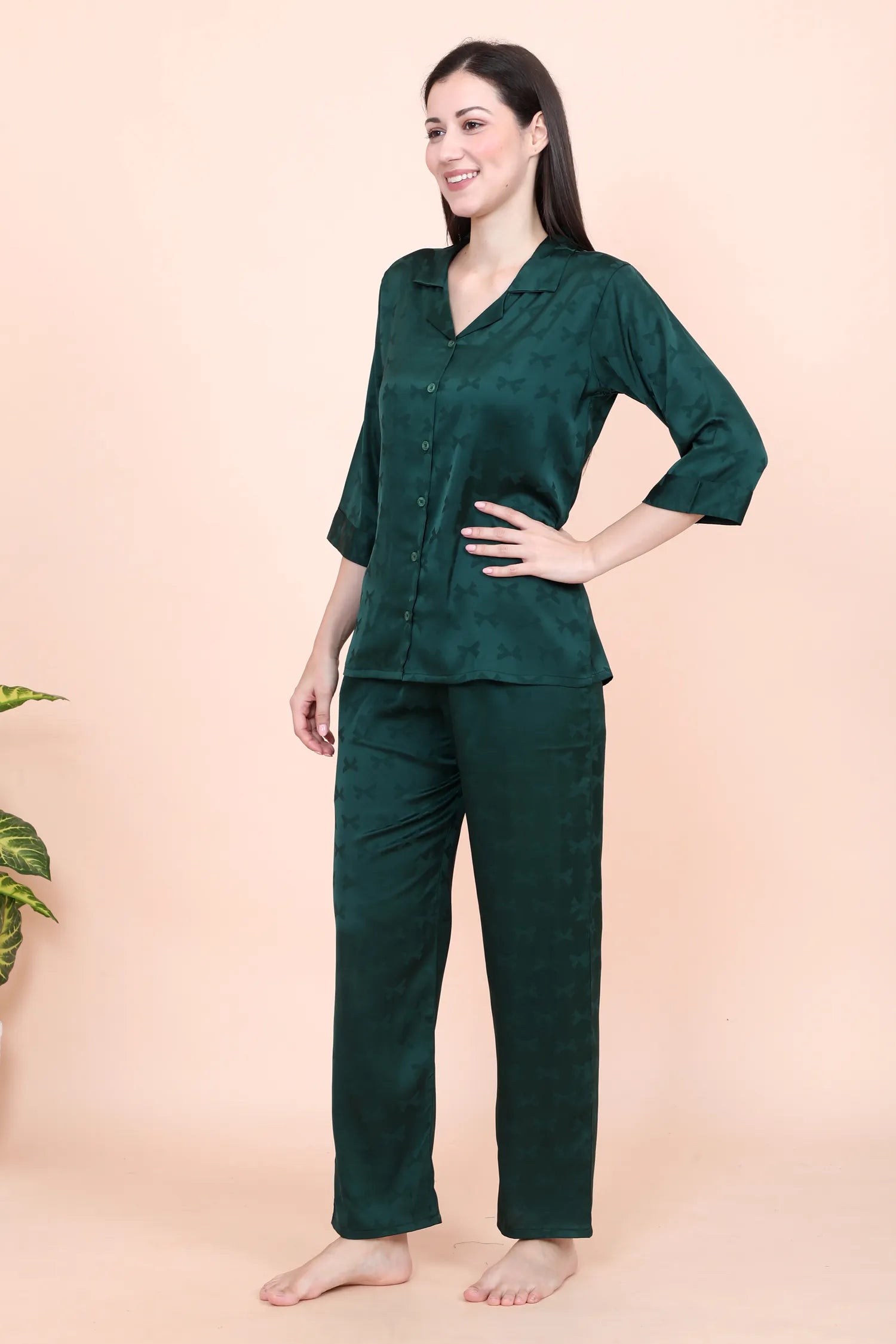 Velure Elegant Bow Print Satin Night Suit