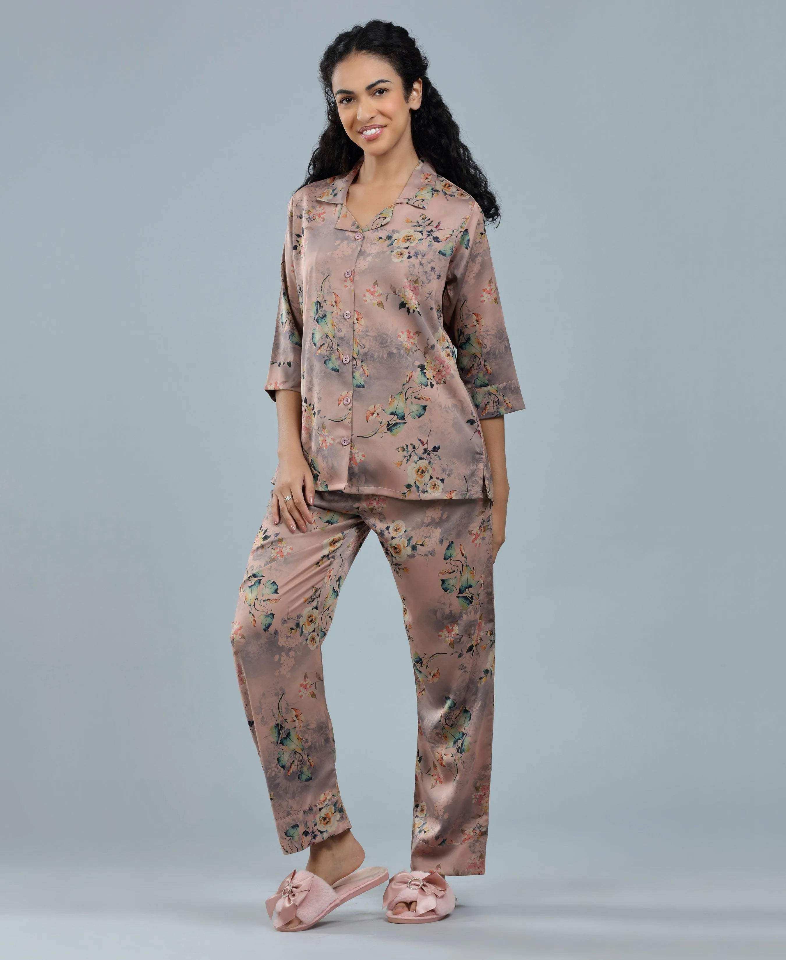 Velure Botanical Satin Print Night Suit - Velure - - 3/4 Sleeves, Collar Neck, Floral Print, Front Button Open, Full Length Pant, Satin