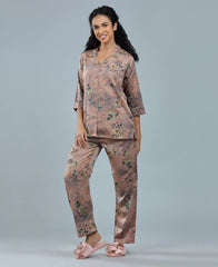 Velure Botanical Satin Print Night Suit - Velure, Shirt and Pant, Elevate your weekend wardrobe with Velure's Botanical Floral Satin Print Night Suit. Crafted from silky smooth satin, this set guarantees unmatched comfort and softness. The vibrant floral print adds a touch of joy to the ensemble. Featuring a 3/4 sleeve shirt and full-length pants with an elastic waistband, this suit ensures a snug and cozy fit. Indulge in a peaceful sleep accompanied by pleasant dreams.