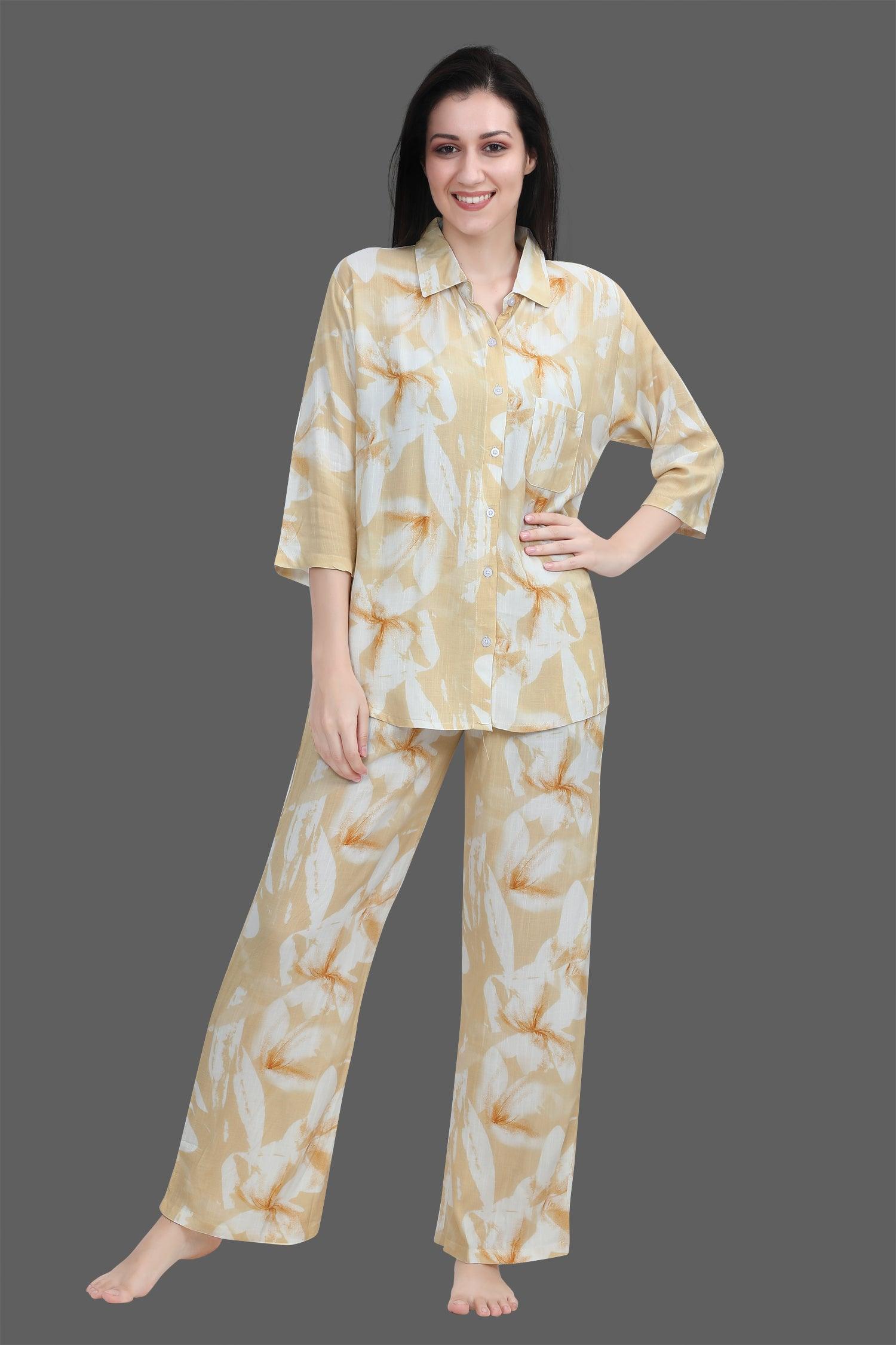 Velure Tunic Floral Palazzo Co-ord Set - Velure - Long Top and Pant - 3/4 Sleeves, Collar Neck, Front Button Open, Full Length Pant, Linen