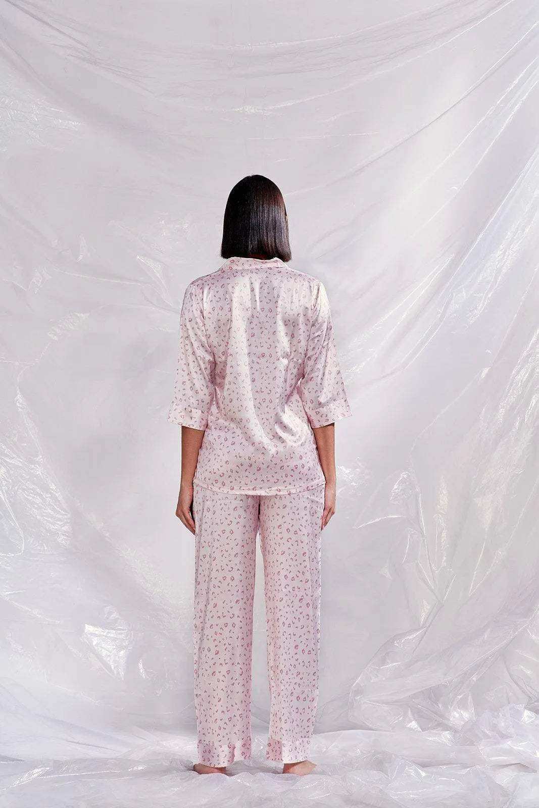 Velure Leopard Print Satin Night Suit - Velure - - 3/4 Sleeves, Collar Neck, Front Button Open, Full Length Pant, Satin