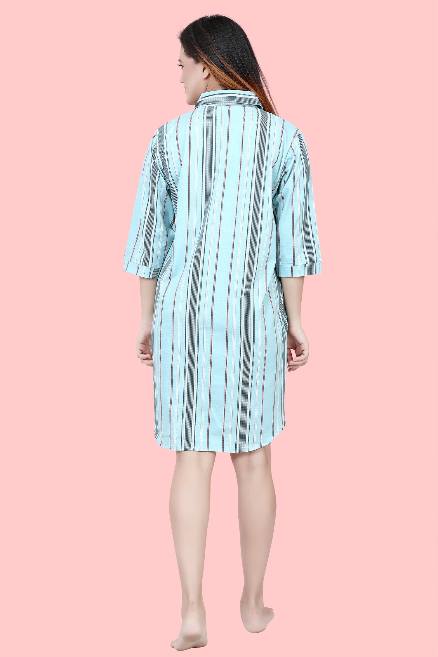 Velure Ethnic Stripes Short Night Shirt - Velure - - Collar Neck, Cotton, Front Button Open, Knee Length, Stripes