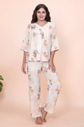 Velure Casual Cream Print Frock-Style Night Suit - Velure - - 3/4 Sleeves, Cotton, Frock Style, Full Length Pant, Linen, V Neck