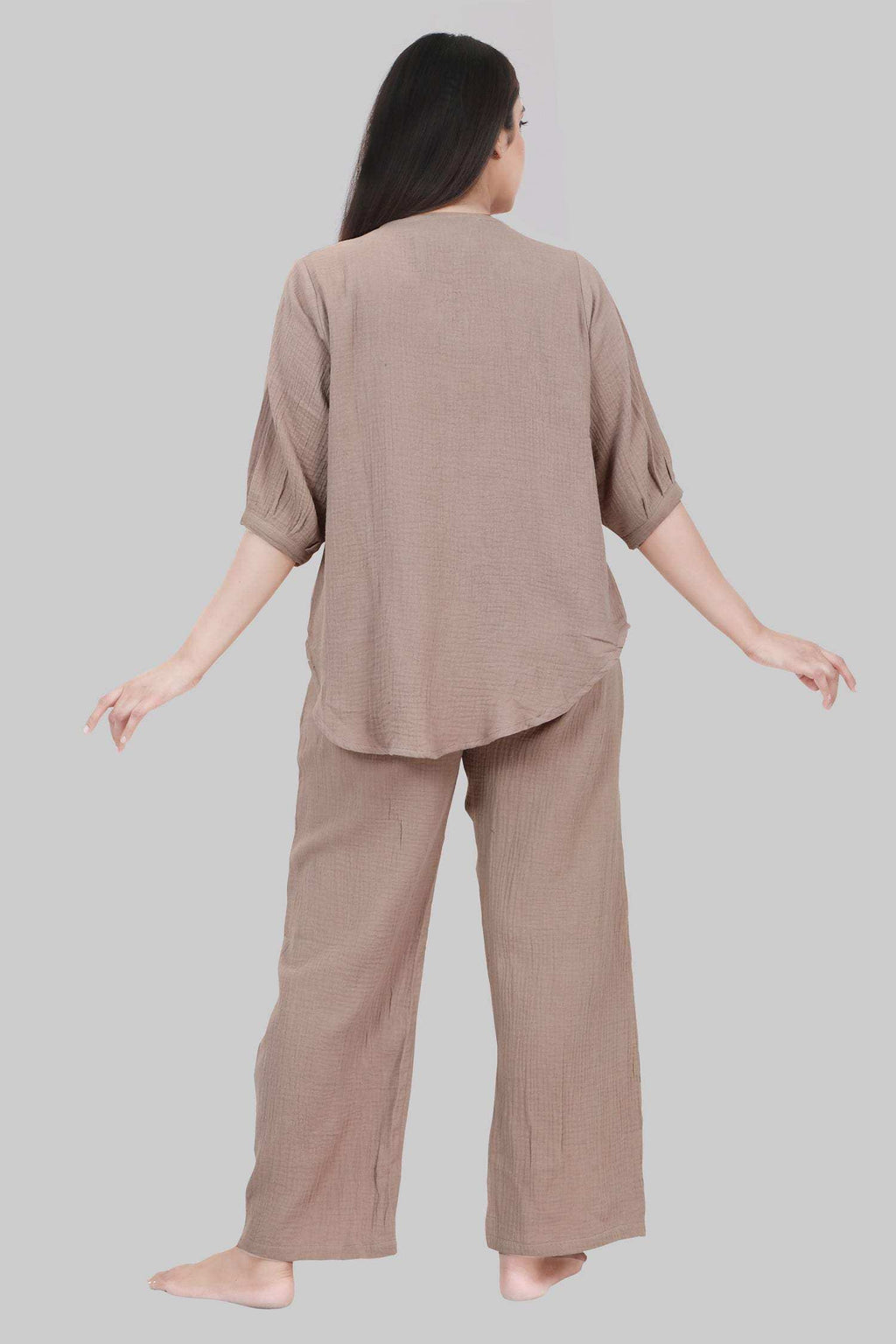 Velure Ethnic Brown Co-ord Set - Velure - - 3/4 Sleeves, Cotton, Full Length Pant, V Neck