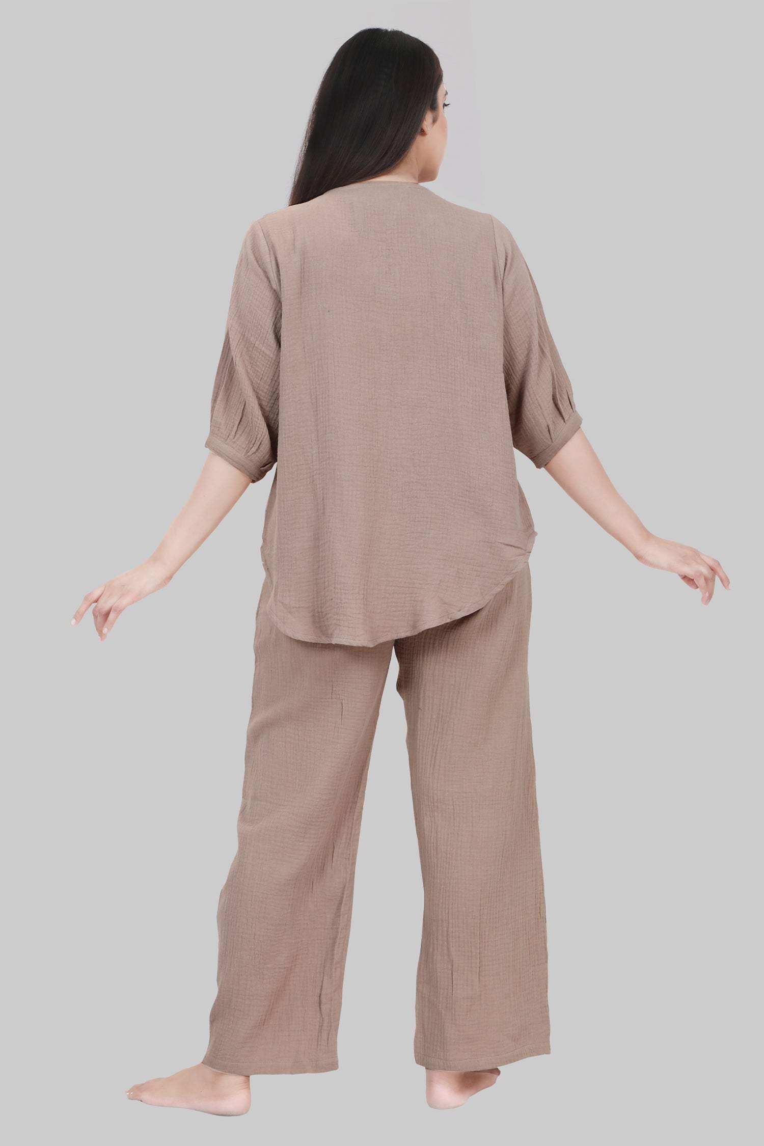 Velure Ethnic Brown Co-ord Set - Velure - - 3/4 Sleeves, Cotton, Full Length Pant, V Neck
