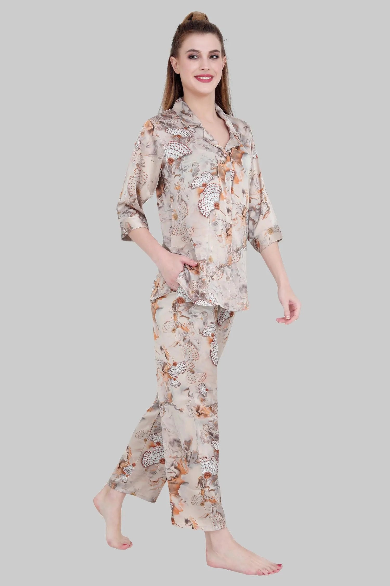 Velure Glorious Floral Print Satin Night Suit - Velure, Shirt and Pant, Upgrade your closet with the expertly-crafted Velure Glorious Floral Print Satin Night Suit in a light grey hue. Made from high-quality satin, this suit provides a plush, comforting texture. The polished satin collar adds a touch of elegance and exclusivity to the overall aesthetic.