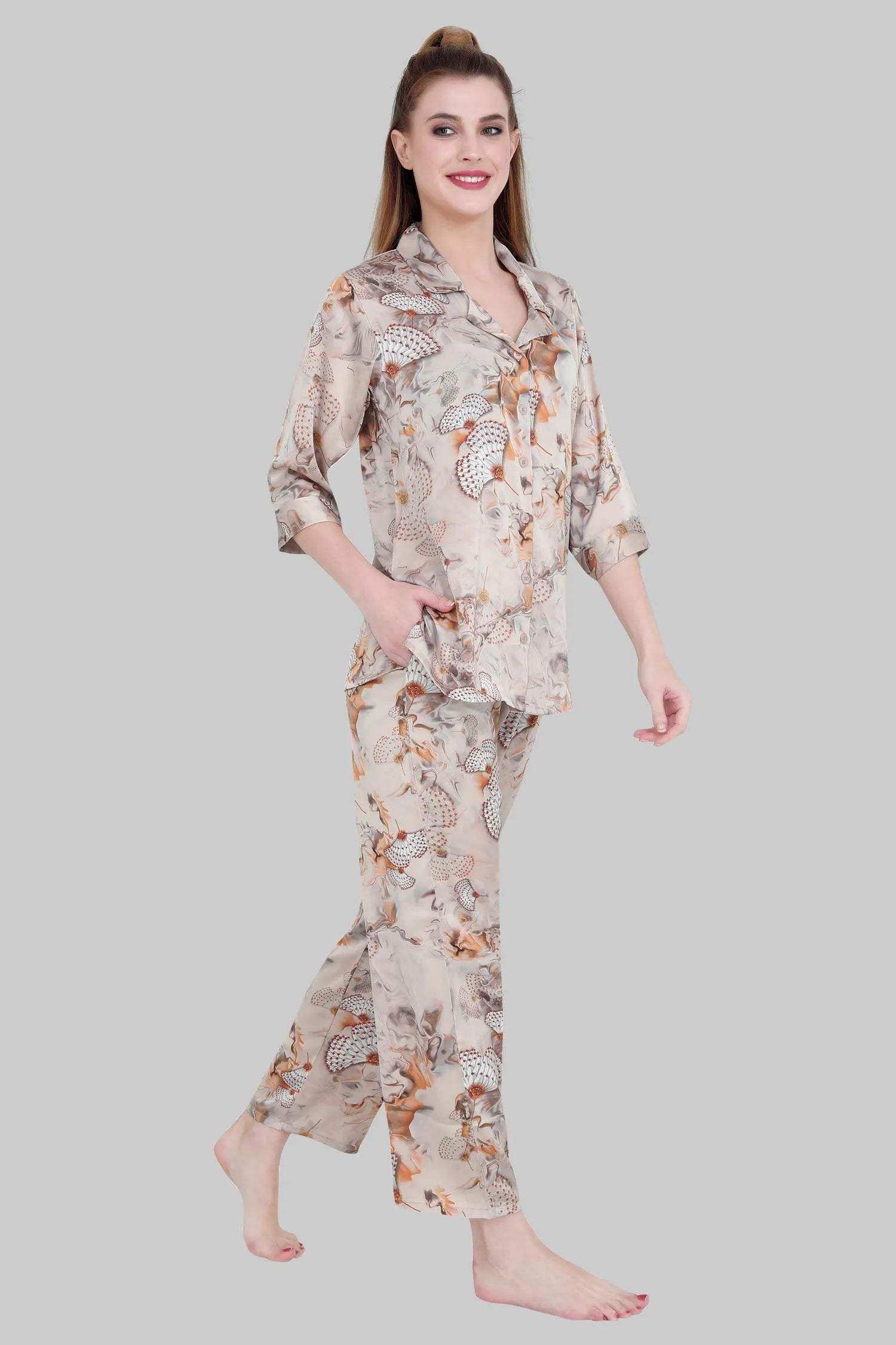 Velure Glorious Floral Print Satin Night Suit - Velure - - 3/4 Sleeves, Collar Neck, Floral Print, Front Button Open, Full Length Pant, Satin
