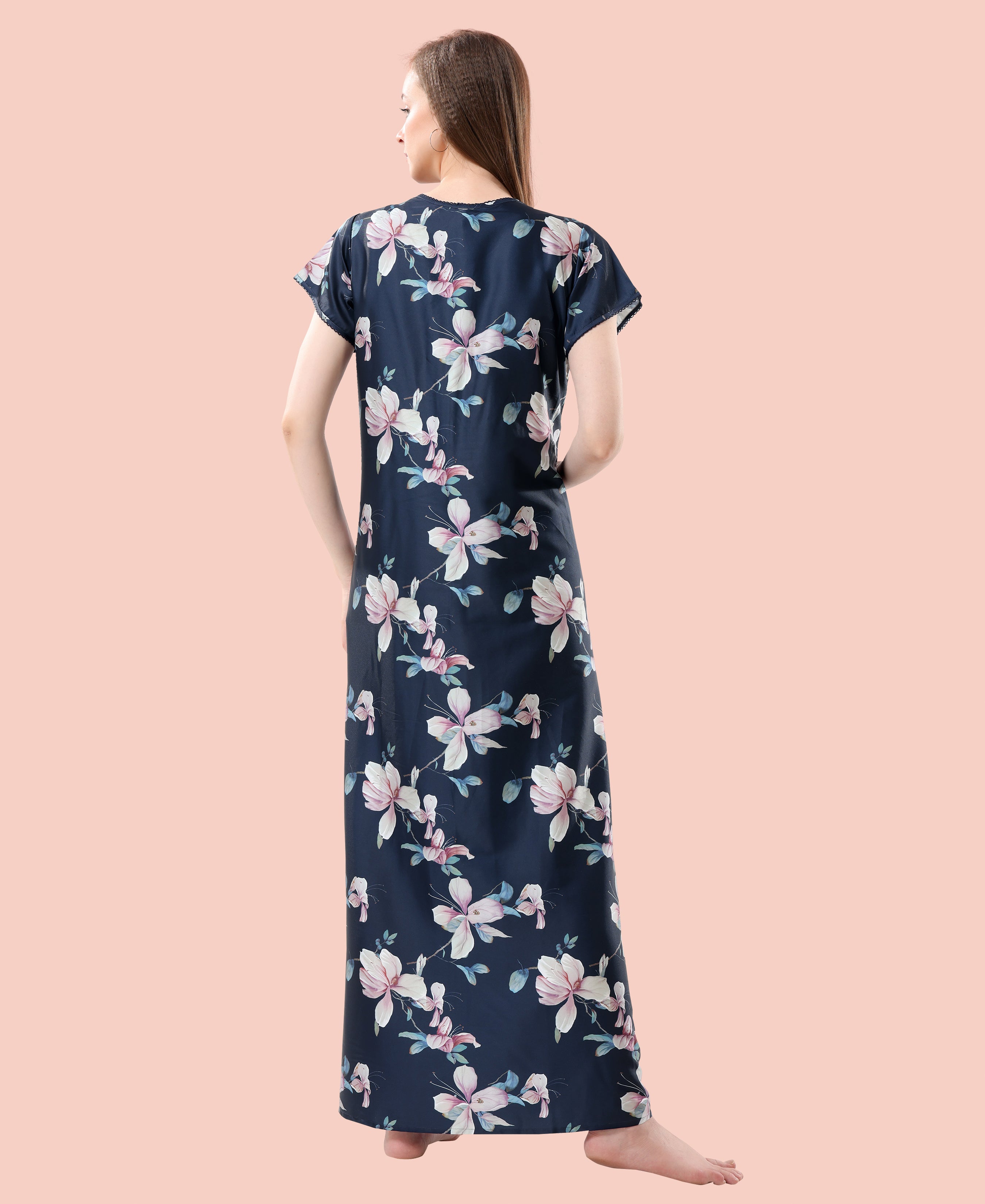 Velure Adorable Floral Print Satin Nighty - Velure - - Floral Print, Full Length Nighty, Half Sleeves Nighty