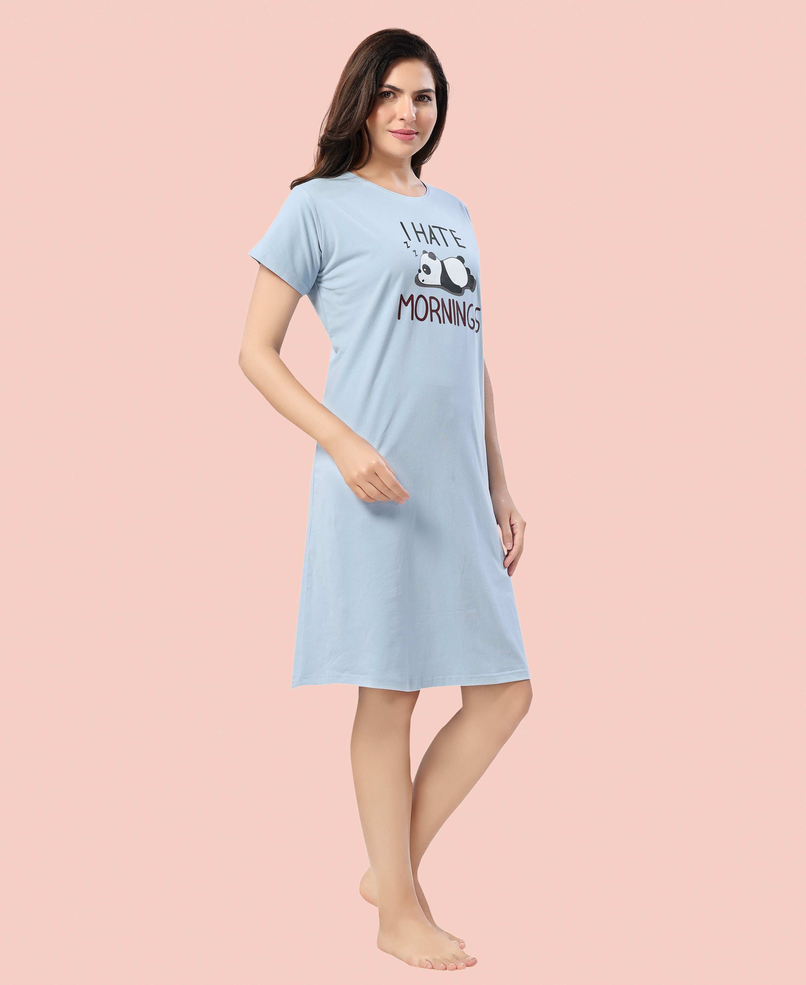 Velure Sleepy Panda Short Nighty - Velure - - Cotton, Half Sleeves, Printed, Round neck